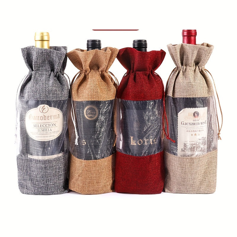 6pcs Burlap Wine Bottle Bag Drawstring Champagne Wine Bag With Hand Gift Bag