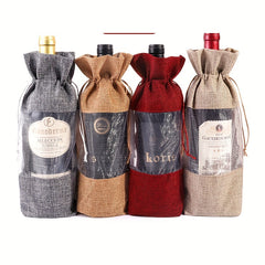 6pcs Burlap Wine Bottle Bag Drawstring Champagne Wine Bag With Hand Gift Bag