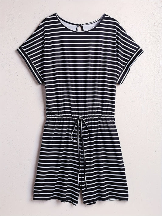 Striped Waist Romper Jumpsuit Short Sleeve Casual Wear
