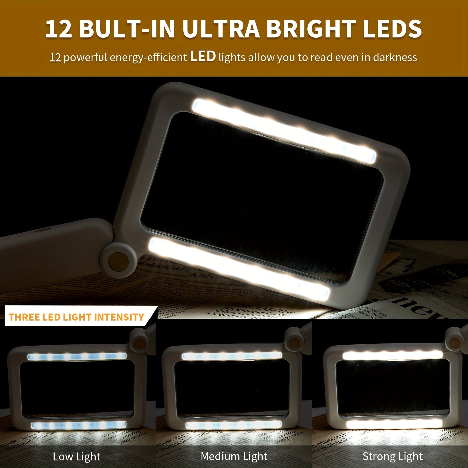 LED Lighted Rectangular Magnifying Glass 4X for Jewelry Books Elderly