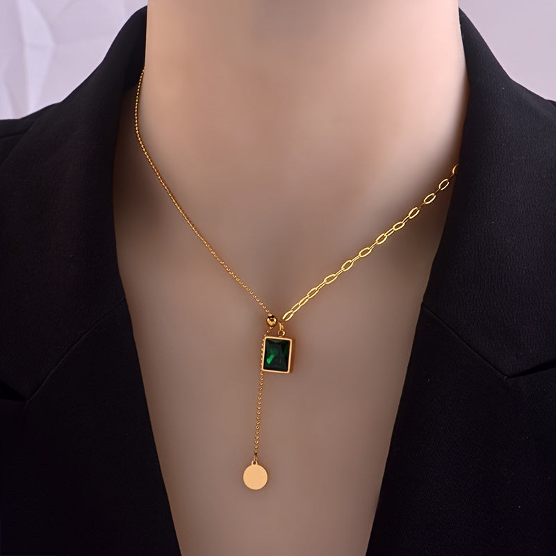 Green Emerald Pendant Necklace Stainless Steel Adjustable Necklace