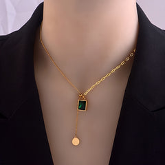 Green Emerald Pendant Necklace Stainless Steel Adjustable Necklace
