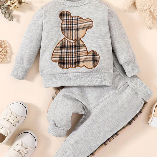 Toddler Baby Boy Bear Embroidered Pullover & Plaid Trousers Set