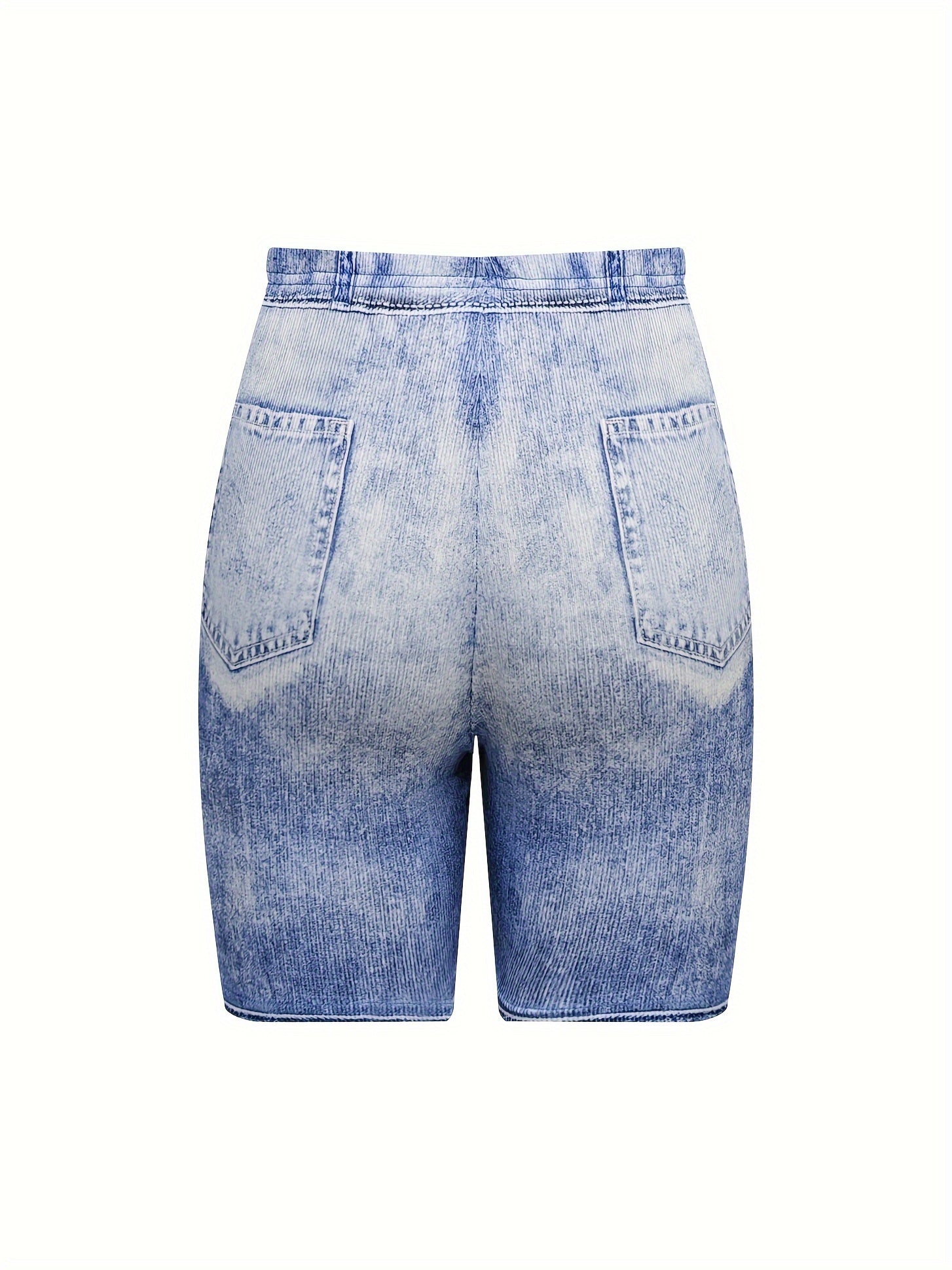 Flower Faux Denim Print Sports Shorts High Stretch
