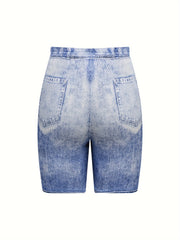 Flower Faux Denim Print Sports Shorts High Stretch