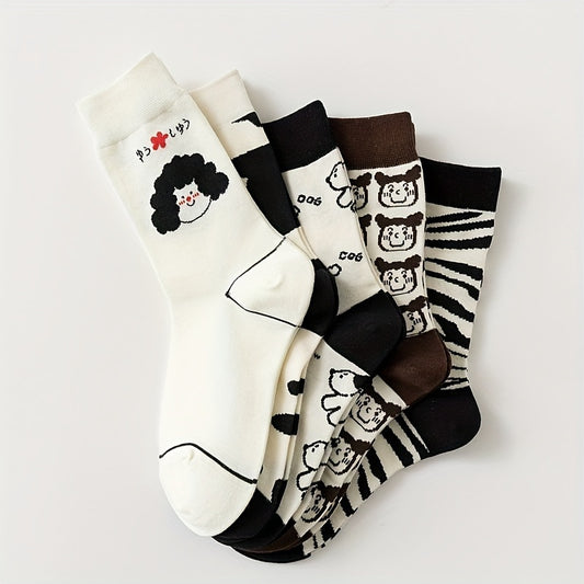 5 Pairs Cartoon Print Socks Comfy & Mid Tube Socks Women's Stockings