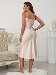 Satin Slip Nightdress V Neck Spaghetti Strap Sleep Dress