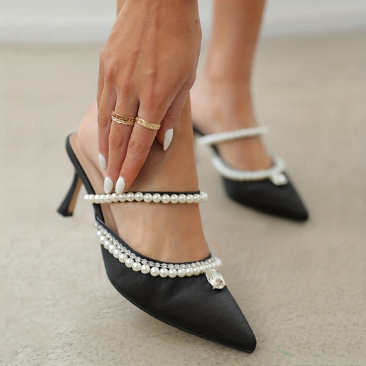 Women's Pearl & Rhinestone Slingback Mules High Heels