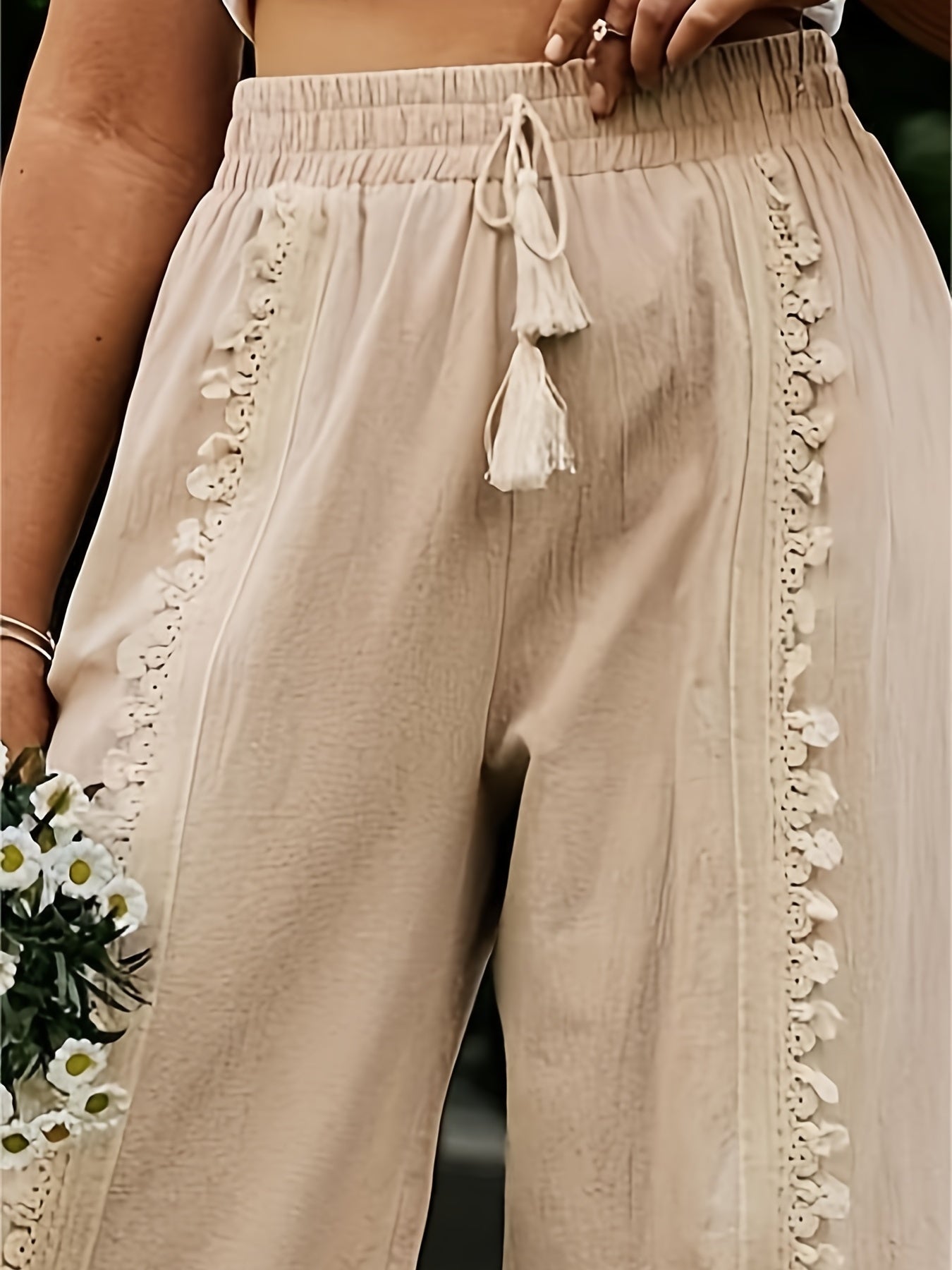  Solid Frill Trim Drawstring Wide Leg Pants
