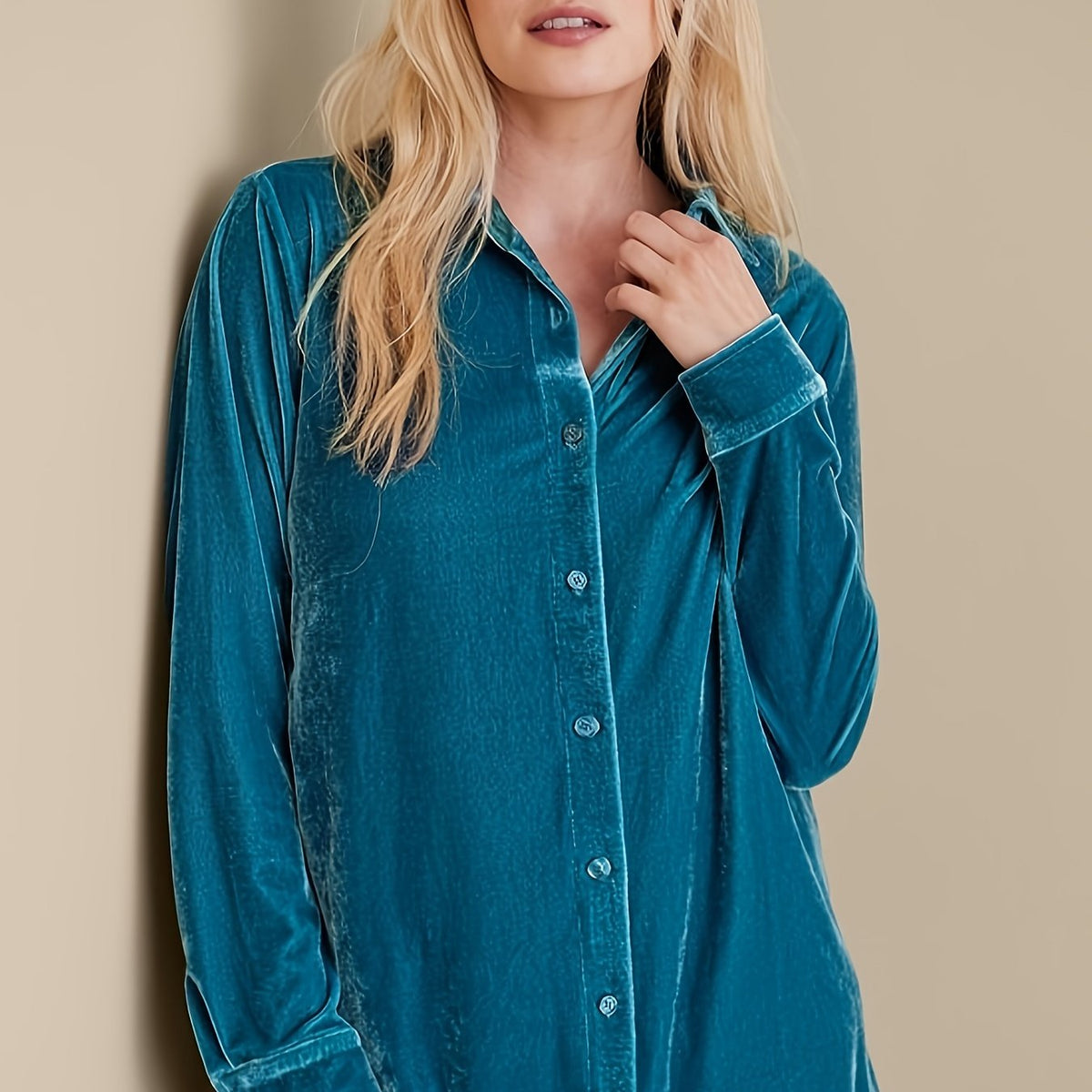 Velvet Long Sleeve Button Up Plus Size Blouse