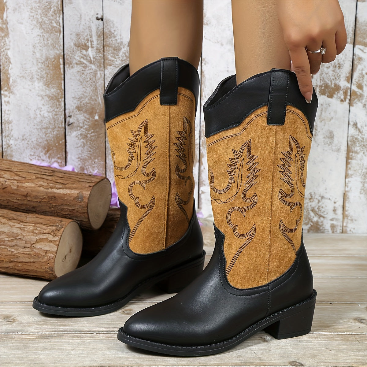 Embroidered Block Heel Cowboy Boots for Women