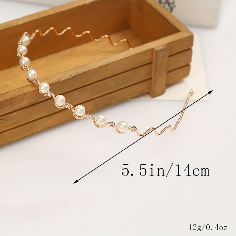 Faux Pearl Wavy Alloy Headband Rhinestone Hair Accessories