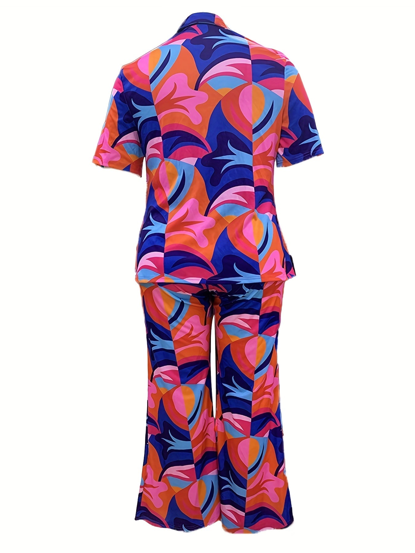 Tropical Print Blouse & Wide Leg Pants Set