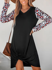  Colorblock Leopard Print V-Neck Ruched Dress