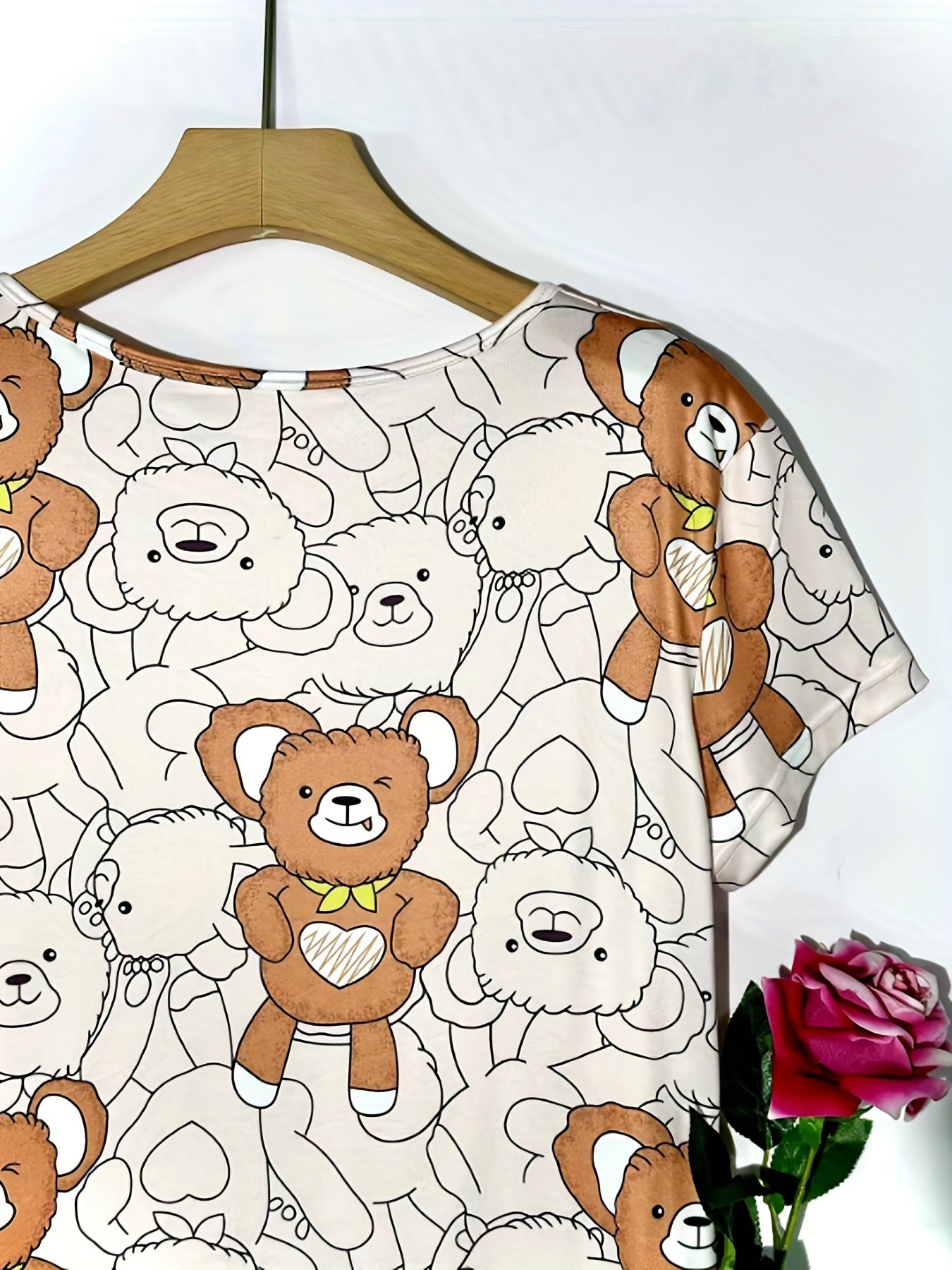  Teddy Bear Print Round Neck Nightdress