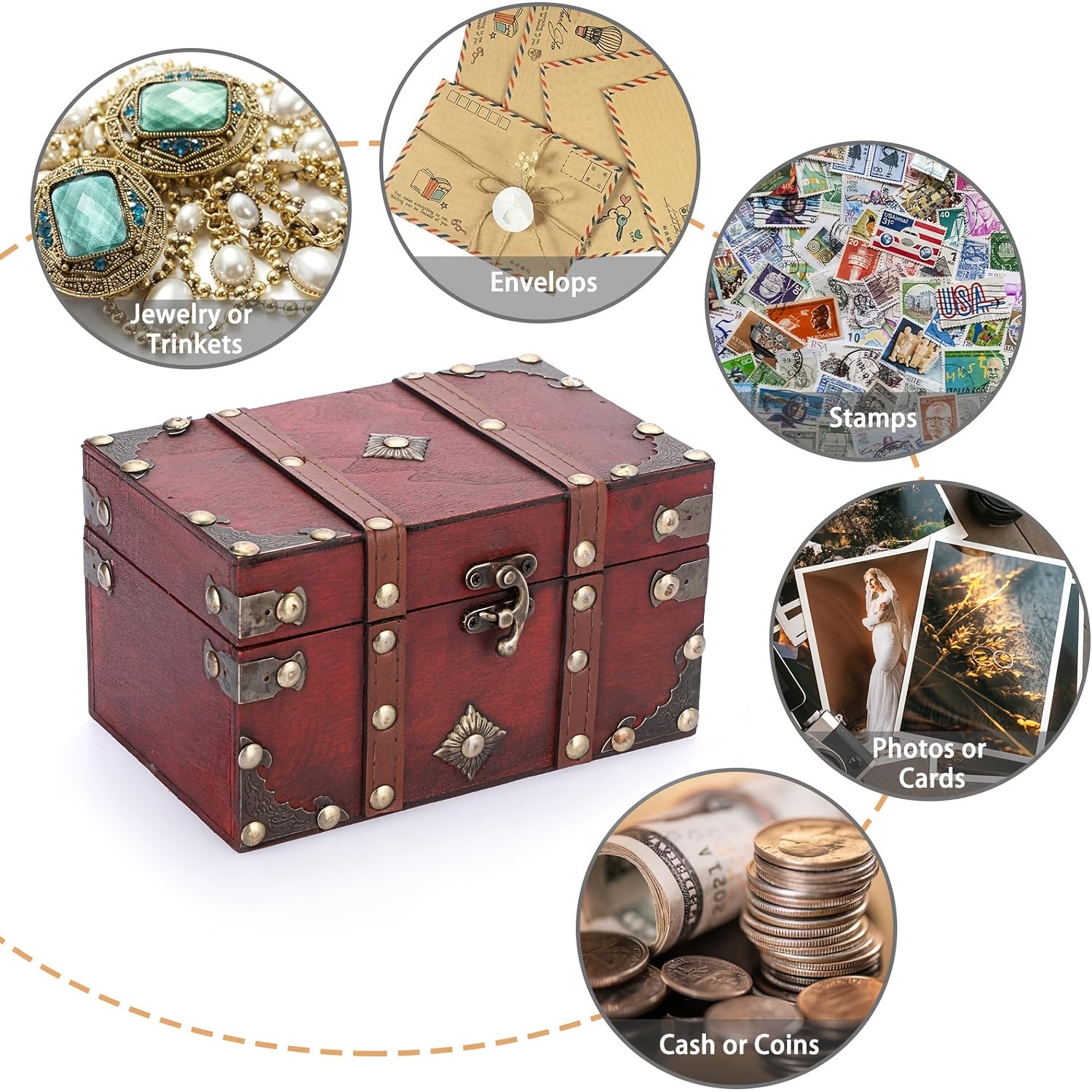 Vintage Treasure Chest Storage Box Wooden Jewelry Pirate Keepsake