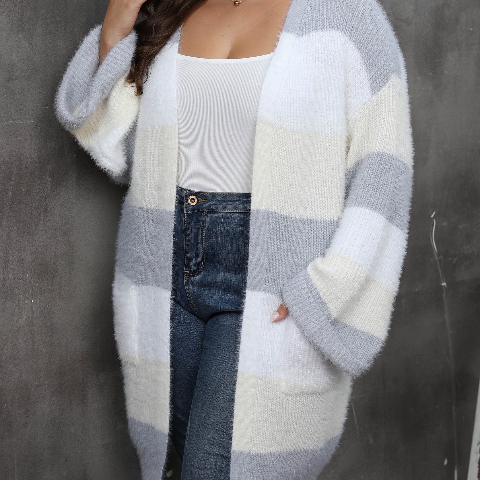  Colorblock Eyelash Long Sleeve Cardigan With Pockets