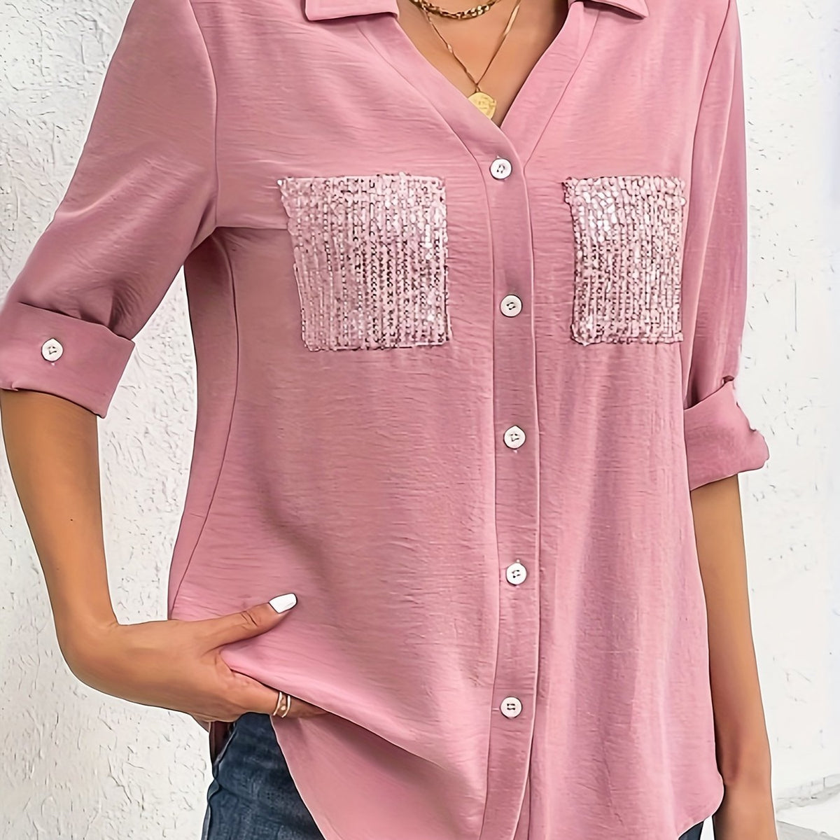  Women's Sequin Decor Long Sleeve Blouse
