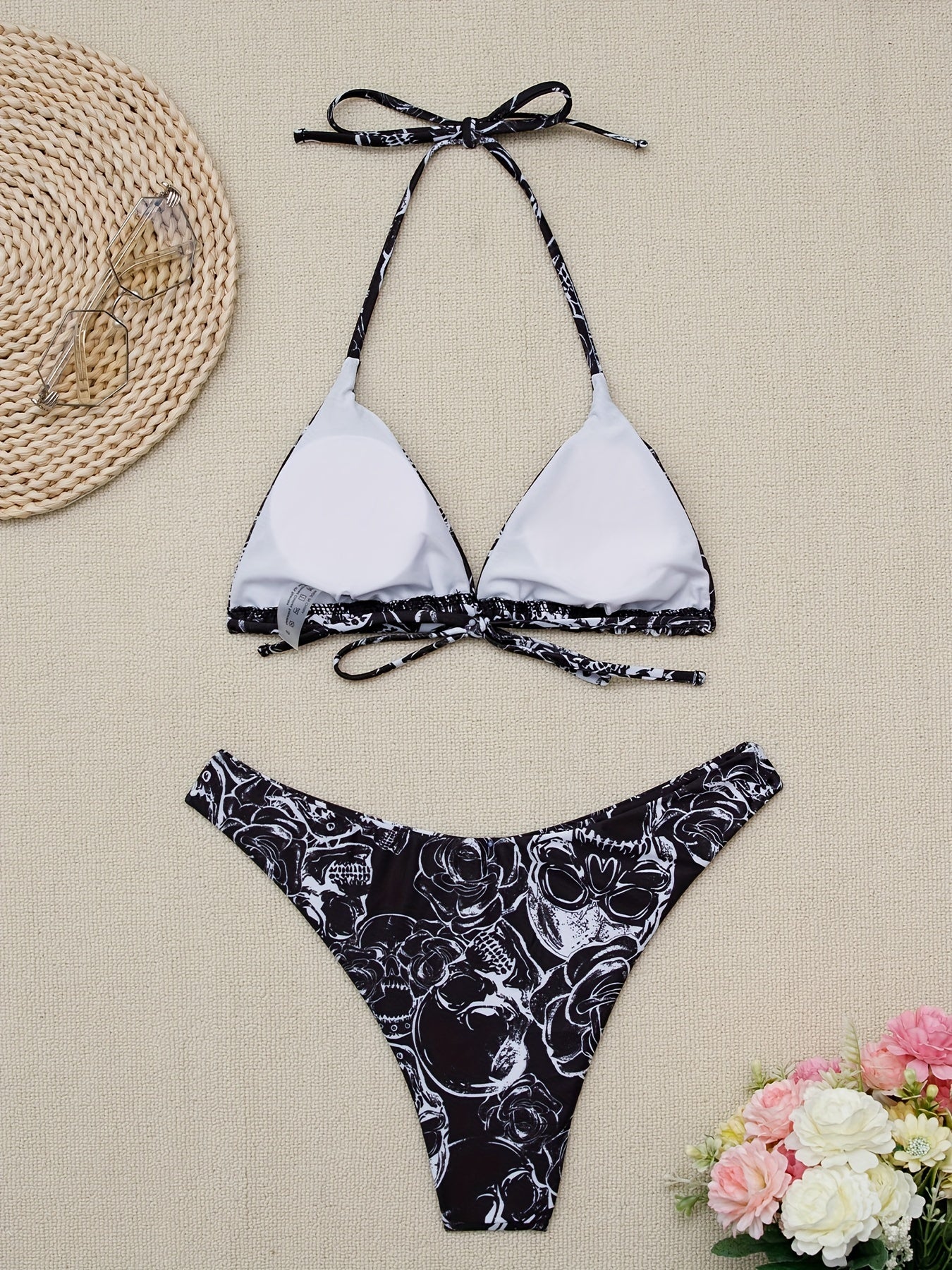 Skull & Floral Bikini Set V Neck High Cut Swimsuit