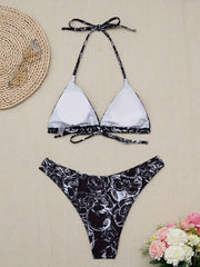 Skull & Floral Bikini Set V Neck High Cut Swimsuit