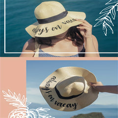 Sunshine Embroidery Sun Hat Wide Brim Floppy Khaki Straw Hat