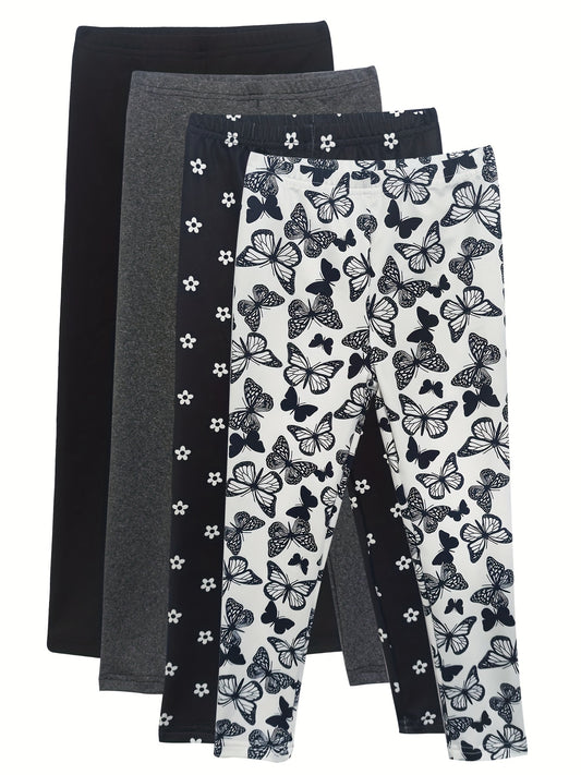 4pcs Girls' Full Print Stretch Skinny Legging Pants Butterfly Floral Print