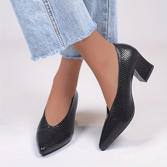Women's Snakeskin Pattern Court Pumps Slip-On Chunky Heels