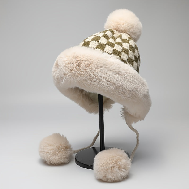 Fashionable Plaid Knit Plus Fur Ball Winter Hat