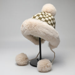 Fashionable Plaid Knit Plus Fur Ball Winter Hat