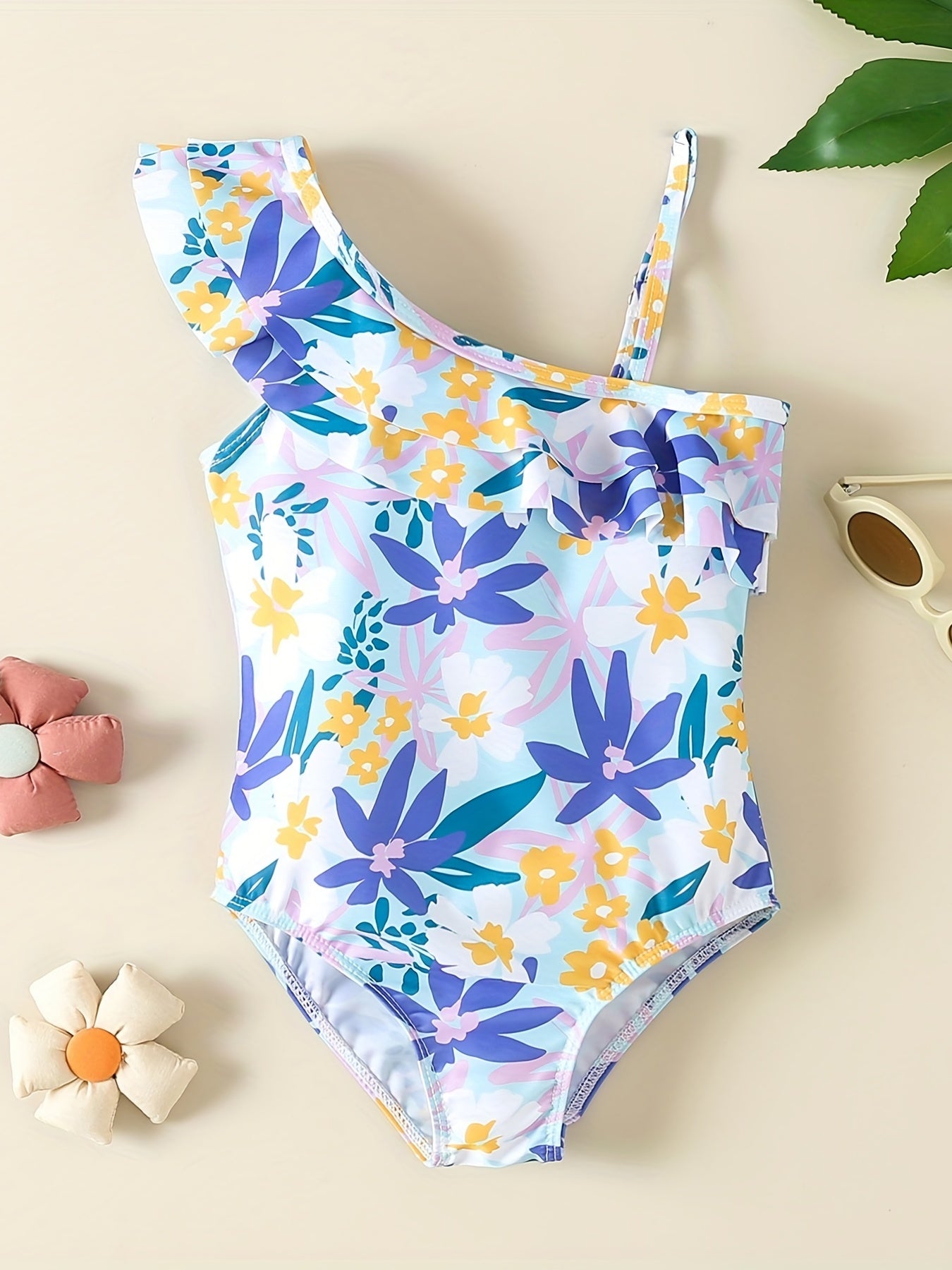 One Shoulder Swimsuit with Flower Graphic and Ruffled Trim