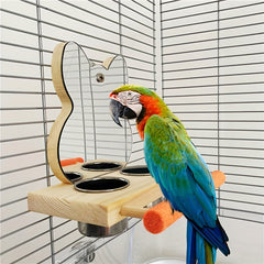 Stainless Steel Parrot Mirror Toy with Wooden Perch and Feeding Cups