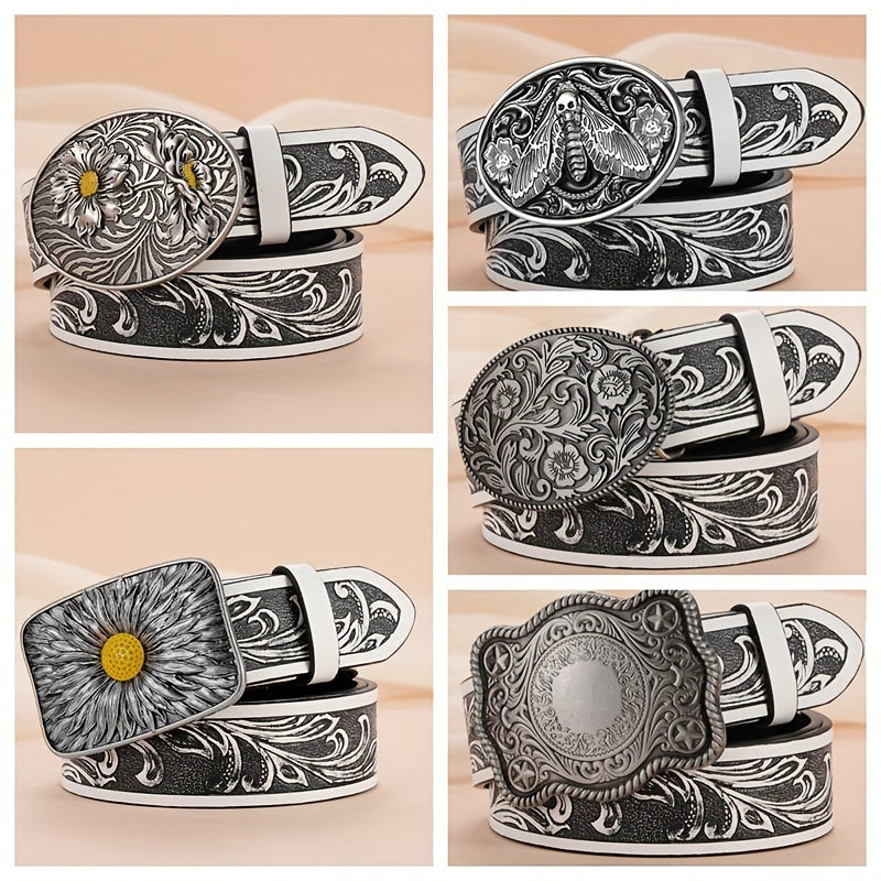 Silvery Sunflower Carved Buckle Belt Western Leaf Embossed Belt