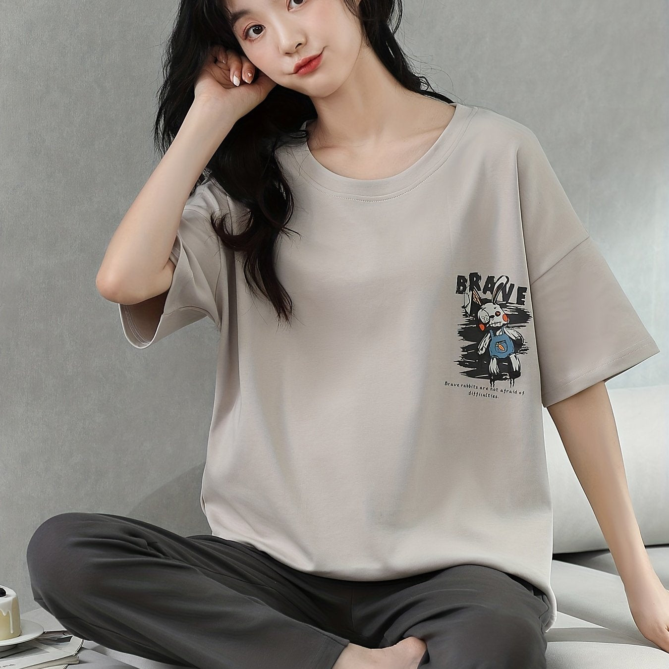 Bunny Print Lounge Set Short Sleeve Crew Neck Top & Pants