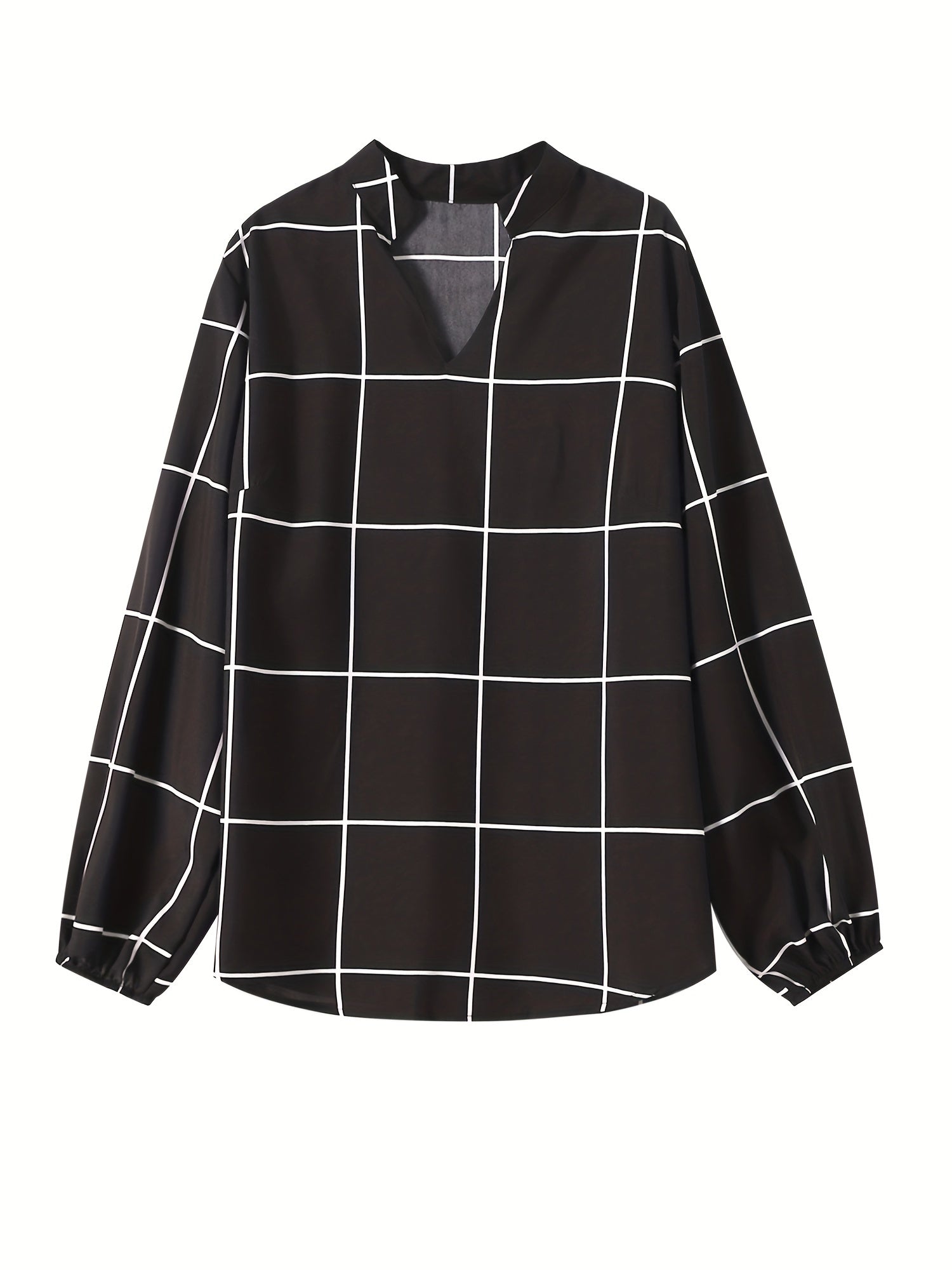  Grid Print Long Sleeve Blouse