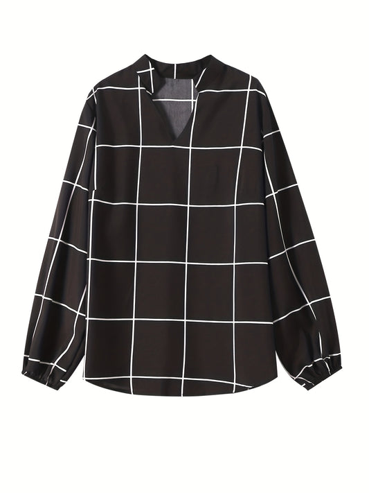  Grid Print Long Sleeve Blouse