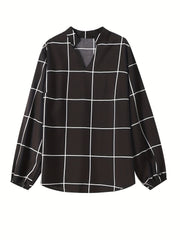  Grid Print Long Sleeve Blouse