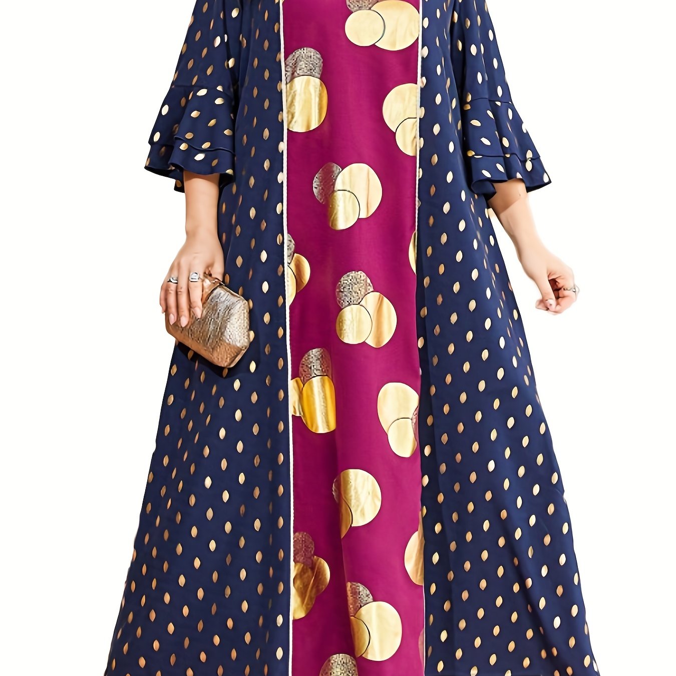 Boho Abaya Dress Women's Plus Golden Dot Print Layered Sleeve Maxi