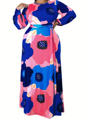 Floral Print Lantern Sleeve Maxi Dress With Belt