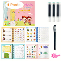 4 Pack Reusable Magic Grooved Copybooks with Pen & 10 Refills