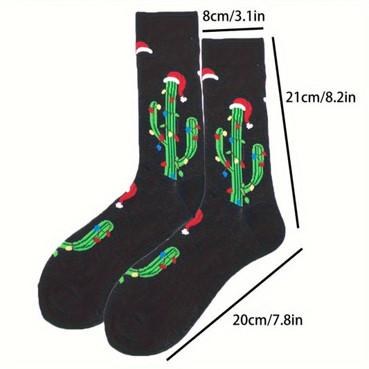 Men's Crew Socks Cactus Christmas Hat Pattern Soft Deodorant