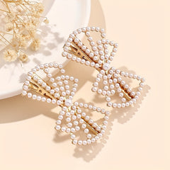 2pcs Faux Pearl Hair Clip Hollow Bow Decor Duck Billed Clip Alloy Hair Clip
