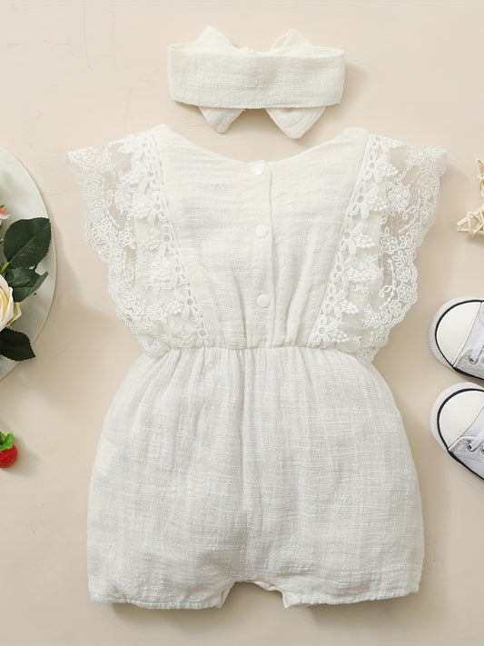 2pcs Baby Girls Lace Sleeveless Romper & Headband Set