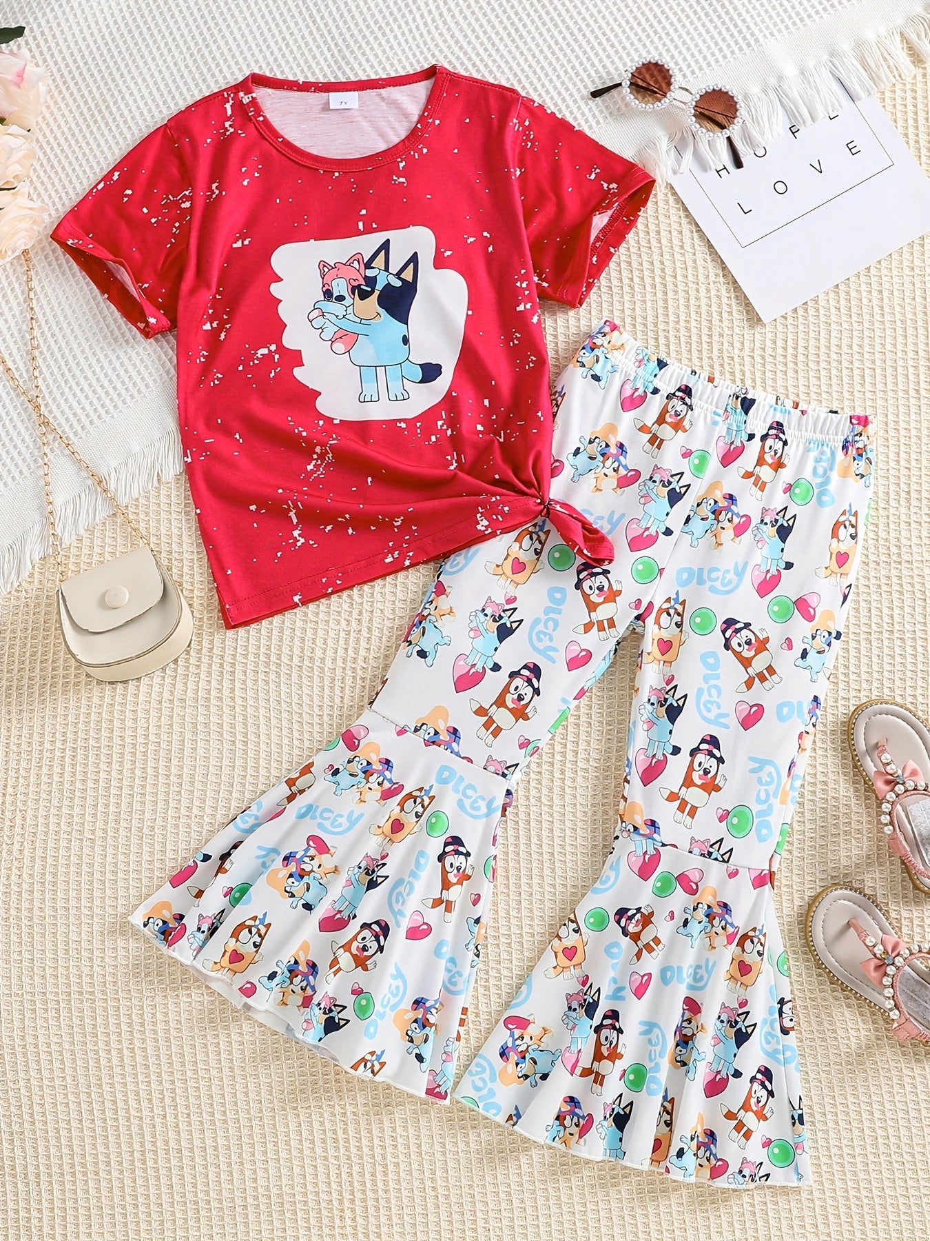 2 Pack Toddler Girls Tie Dyed Bell Bottom Suit Short Sleeve Tee & Pants Set