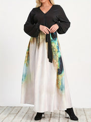  Colorblock Floral Print V Neck Maxi Dress