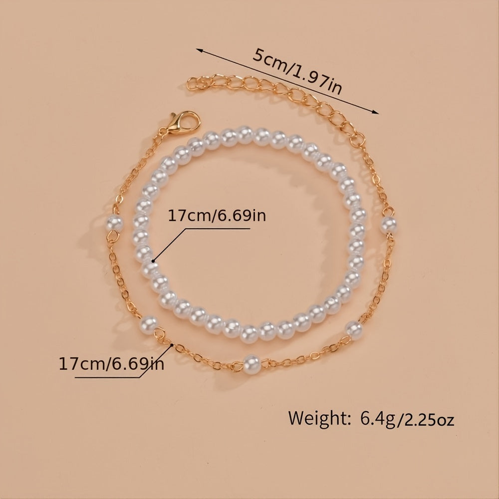 Vintage Sweet Faux Pearl Bead Bracelet Set 2 Pcs for Women
