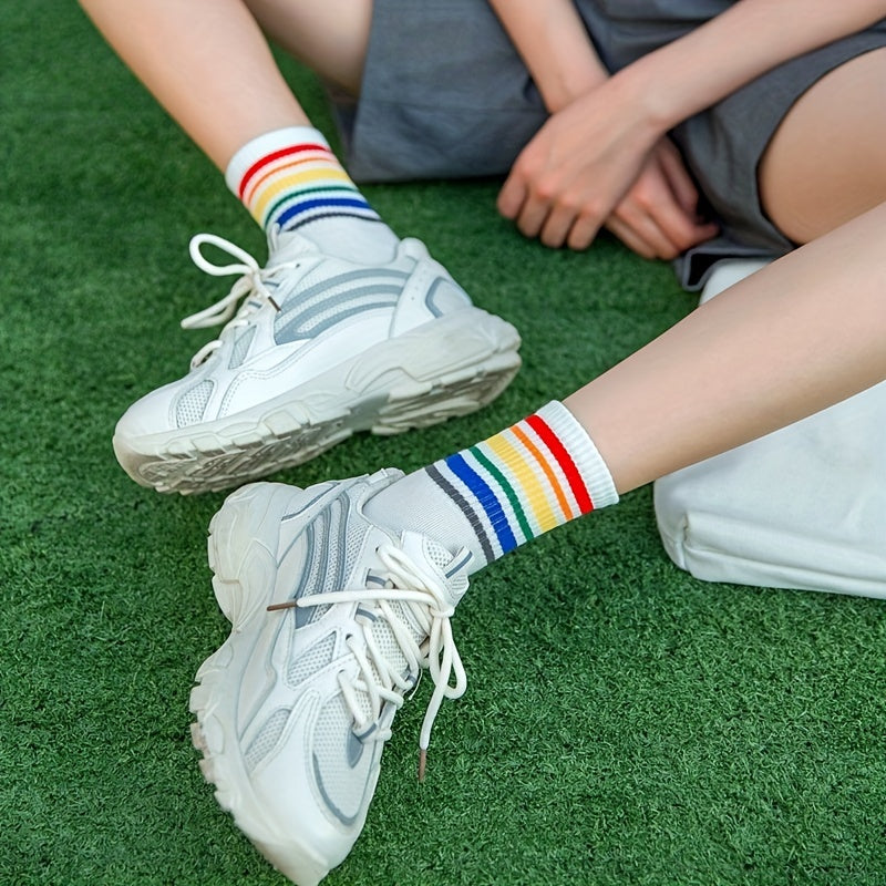 Rainbow Striped Trim Socks & Funny Crew Mid Tube Socks Women's Stockings