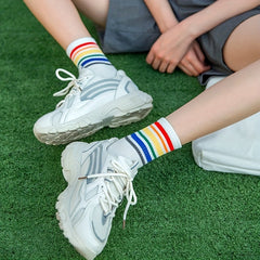 Rainbow Striped Trim Socks & Funny Crew Mid Tube Socks Women's Stockings
