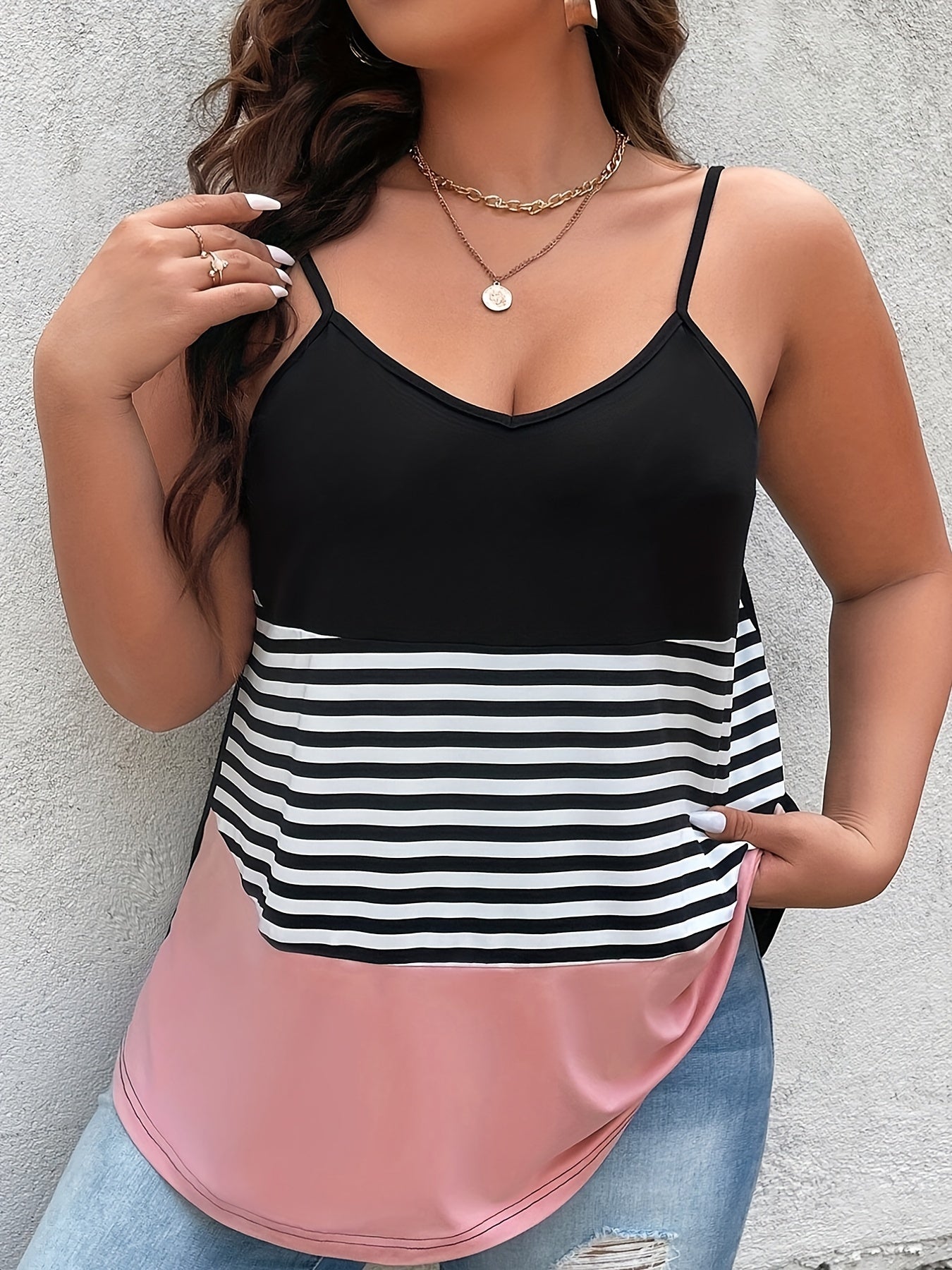  Colorblock Stripe Print V Neck Cami Top