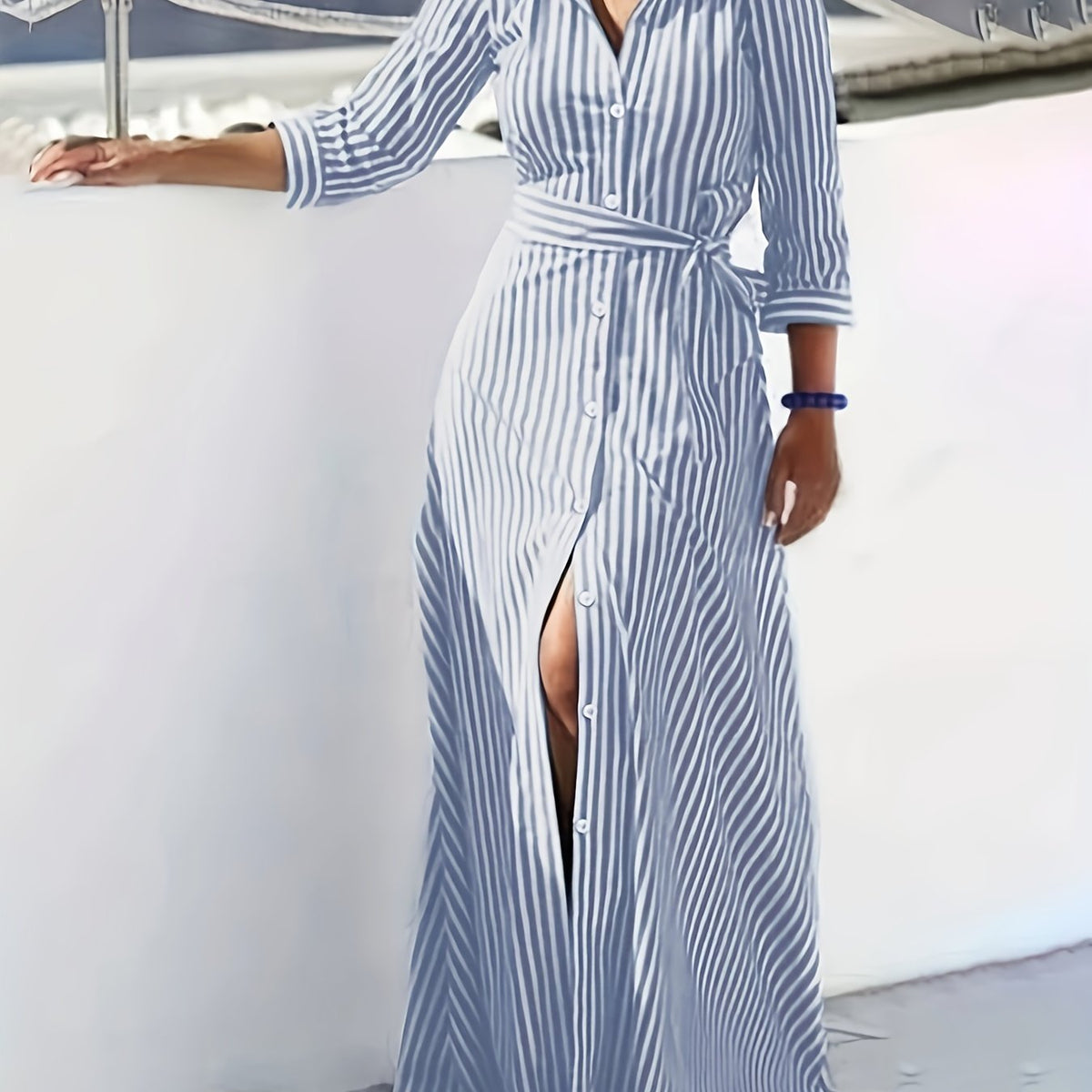  Women's Striped 3/4 Sleeve Button Up Maxi Shirt Dress