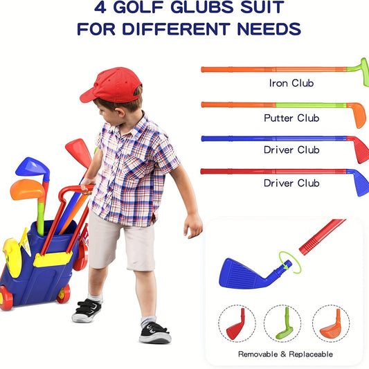 Kids Golf Set with Cart, Balls, Cornhole Board, Putting Mat